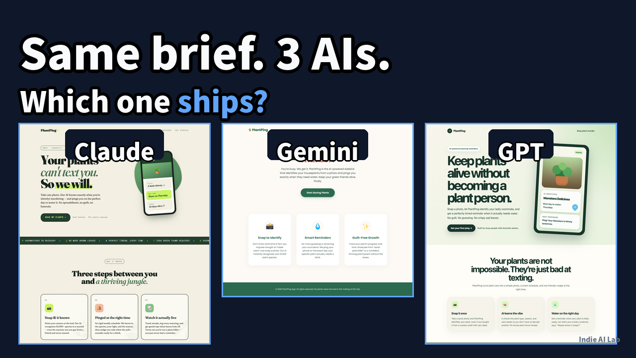 I Gave Claude, Gemini & GPT the Same Landing-Page Brief — Here's What They Built